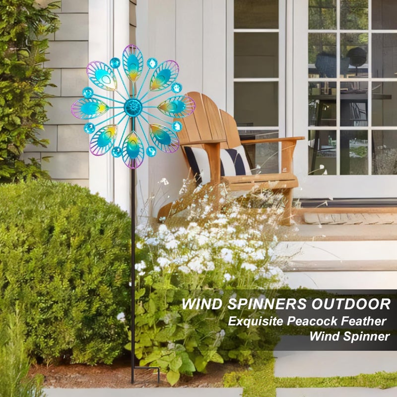 Senflame Metal Peacock Wind Spinner for Outdoor Garden Decor - 36 Inch Height Feather Wind Catcher with Stake, Lawn & Patio Art, Weather-Resistant Yar - Image 2